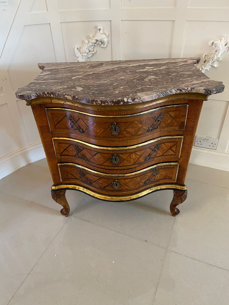 Antique 18th Century Quality Parquetry Inlaid Serpentine Shaped Marble Top Commode Chest - Image 4